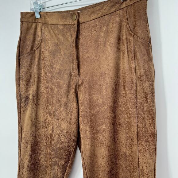 Nanette Lepore Faux Suede Leather Pant Womens 12 Mocha Brown Distressed Stretch - Picture 5 of 12